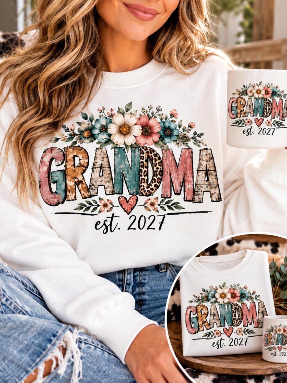 Grandma Est 2027 Sweatshirt Mug Set New Grandma Gift Floral Mother's Day Gift